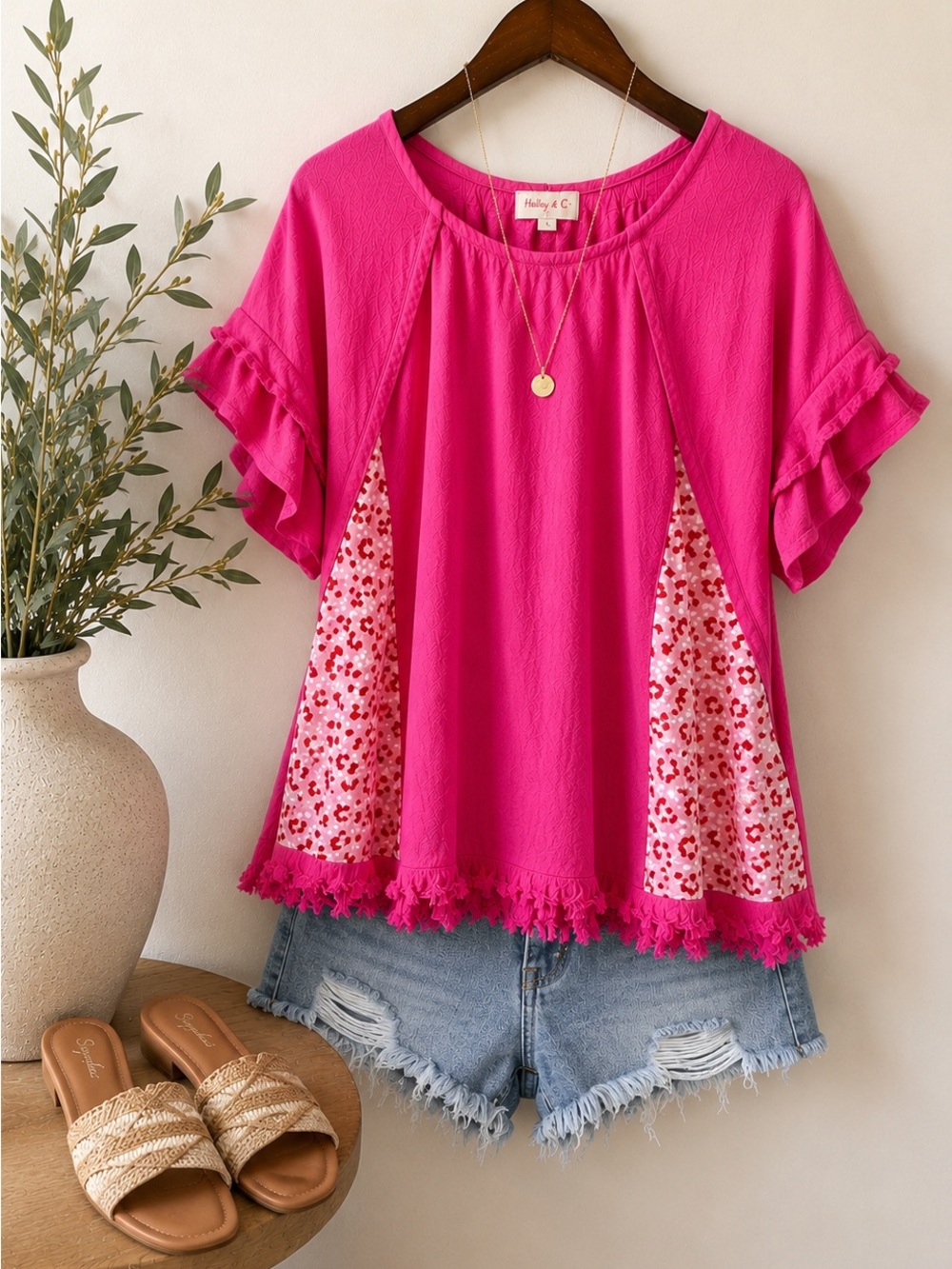 Hailey and Co Pink Leopard Linen Blend Top | Large| Frayed Hem | Boutique